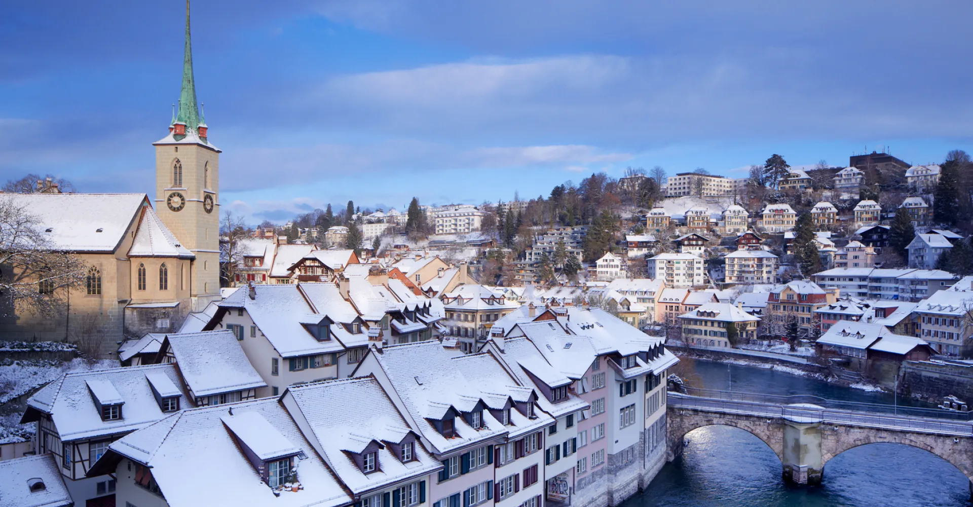 Snow-covered roofs of the city of Bern