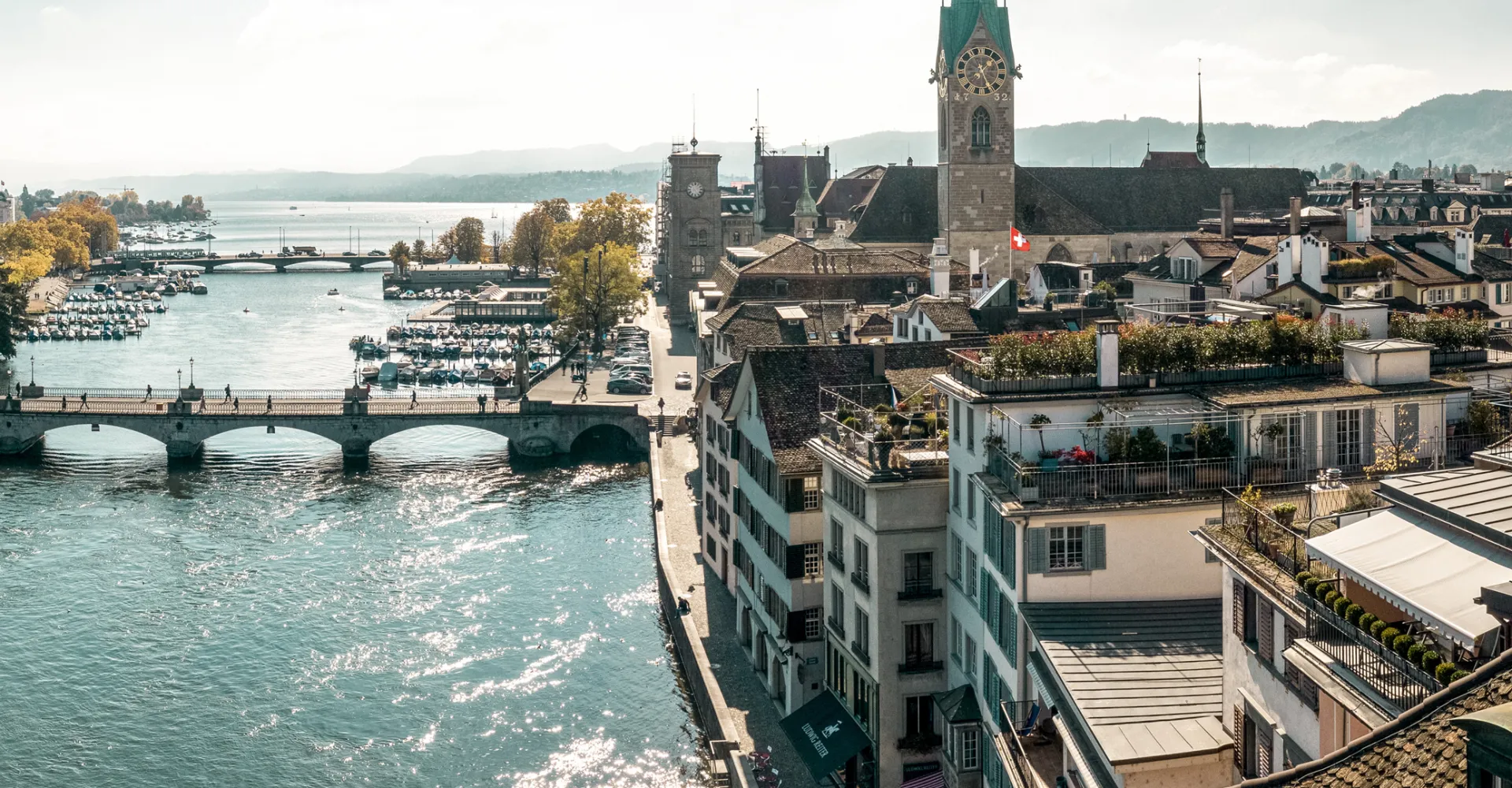 Aerial view of the Limmat and old town of Zurich
