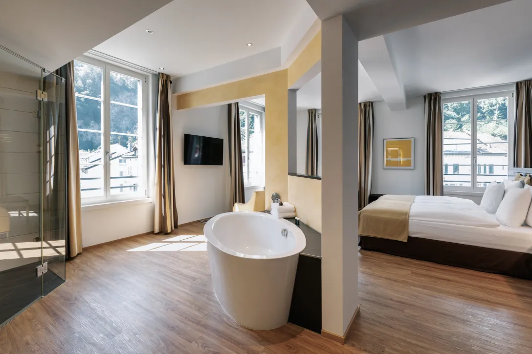Junior Suite with bathtub at the Sorell Hotel Tamina in Bad Ragaz