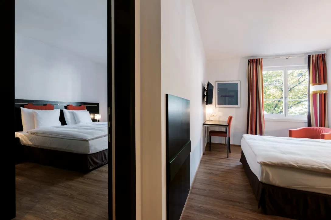 Superior twin room with connecting door at the Sorell Hotel Tamina in Bad Ragaz