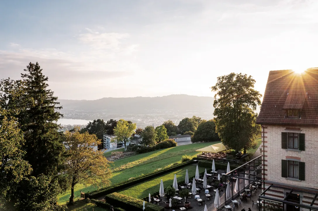 Terrace with a view of Zurich at the Hotel Zürichberg