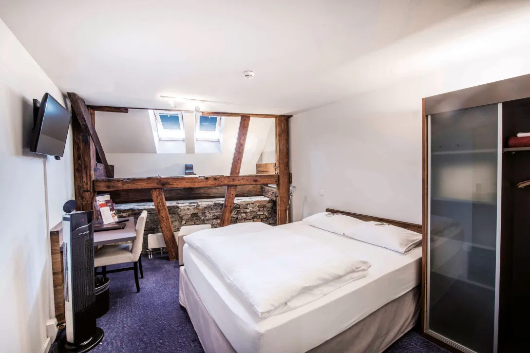 Room with a large bed and a skylight