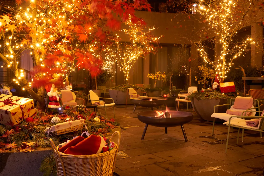 Christmas garden outside the Hotel St. Peter with Christmas lights