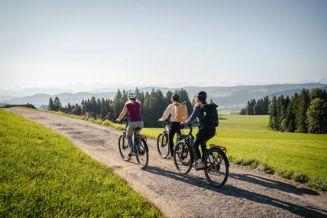 drei Personen fahren mit dem Velo durch die hügeligen Landschaften von Bern