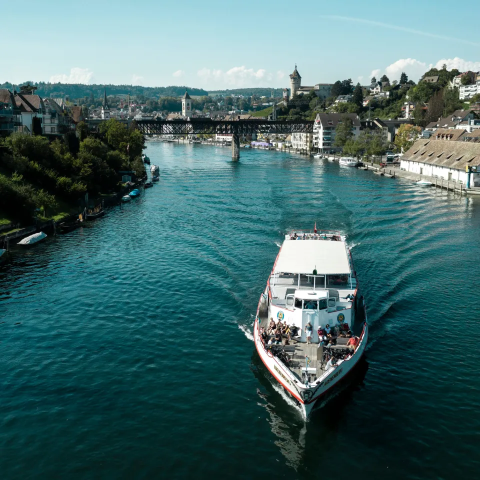 Ship on the Rhine with the old town of Schaffhausen
