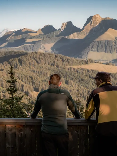 two friends look into the distance over forests