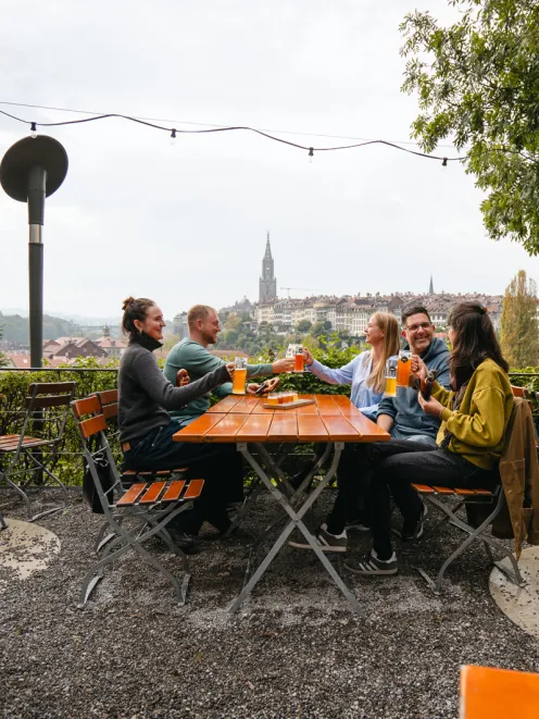 Group of friends toast together and sit on the terrace