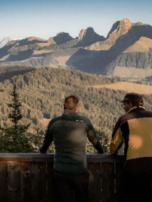 Zwei Personen schauen in den Wald hinaus