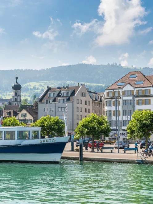 Lake Rorschach with a boat in summer