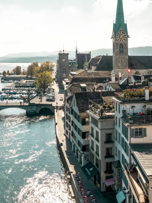 Aerial view of the Limmat and old town of Zurich